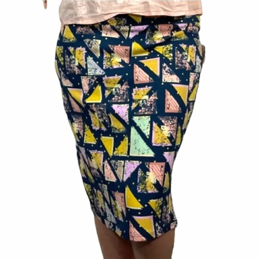 Lula Roe Blue and Yellow Triangle Pattern Skirt